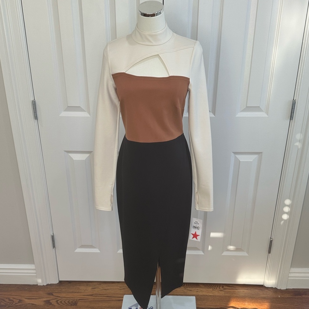 NWT INC Bodycon Color Block Long Sleeve Front Slit Mock-Neck Business Dress S